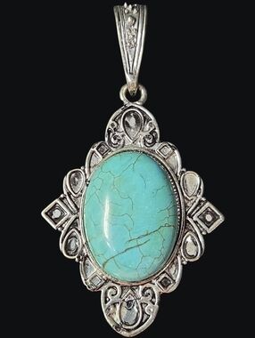 Vintage-Style Faux Oval Turquoise Silver-Tone Ornate Pendant